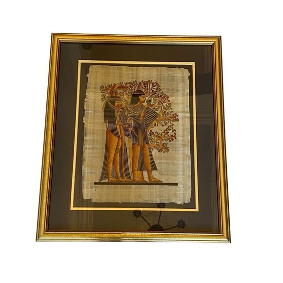 Cintage Egyptian Papyrus Painting Signed Framed Glass 26 x 22 - Picture 8 of 10